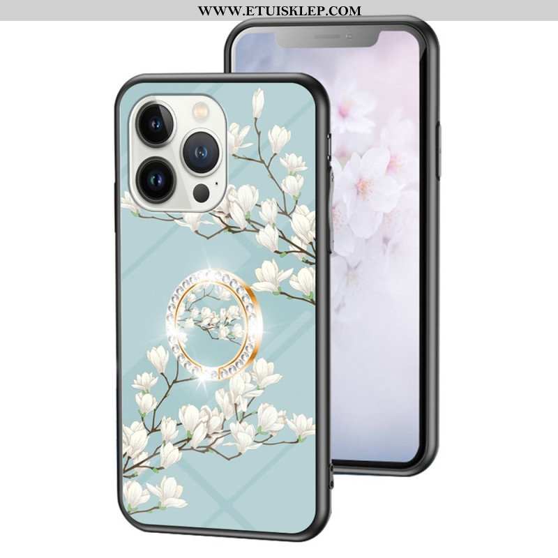 Etui do iPhone 15 Pro Szkło Hartowane W Kwiaty Z Pierścieniem Podtrzymującym